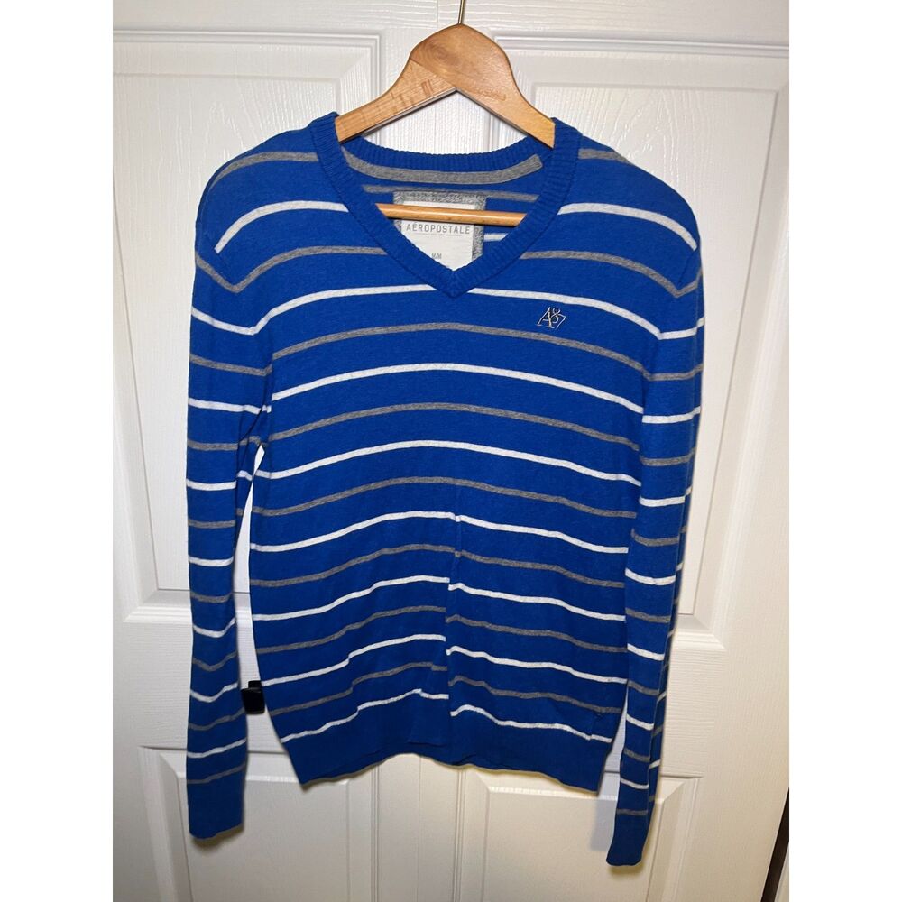 Aeropostale Men’s Medium Blue Striped V Neck Sweater Pullover Casual